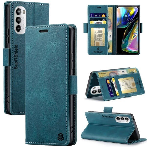 For Motorola Moto G82 5G Case RFID Blocking Retro Flip Premium Leather Card Holder Wallet Cover – (Navy Blue) For Motorola Moto G82 5G Case RFID Blocking Retro Flip Premium Leather Card Holder Wallet Cover – (Navy Blue)